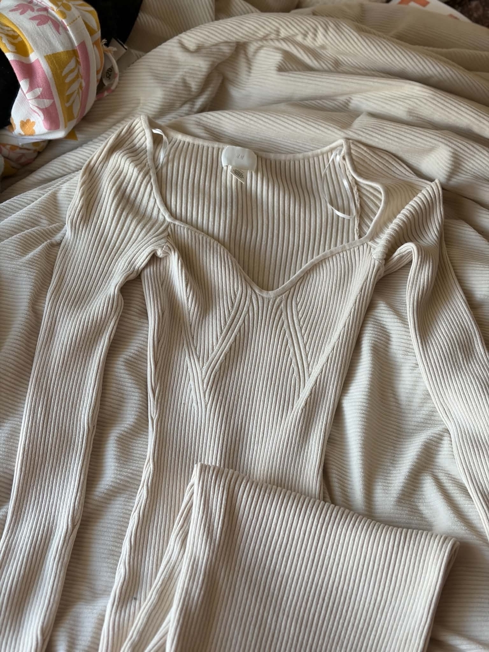 H&M Ribbed Long-Sleeve Sweet Heart Neck Line Dress in Cream